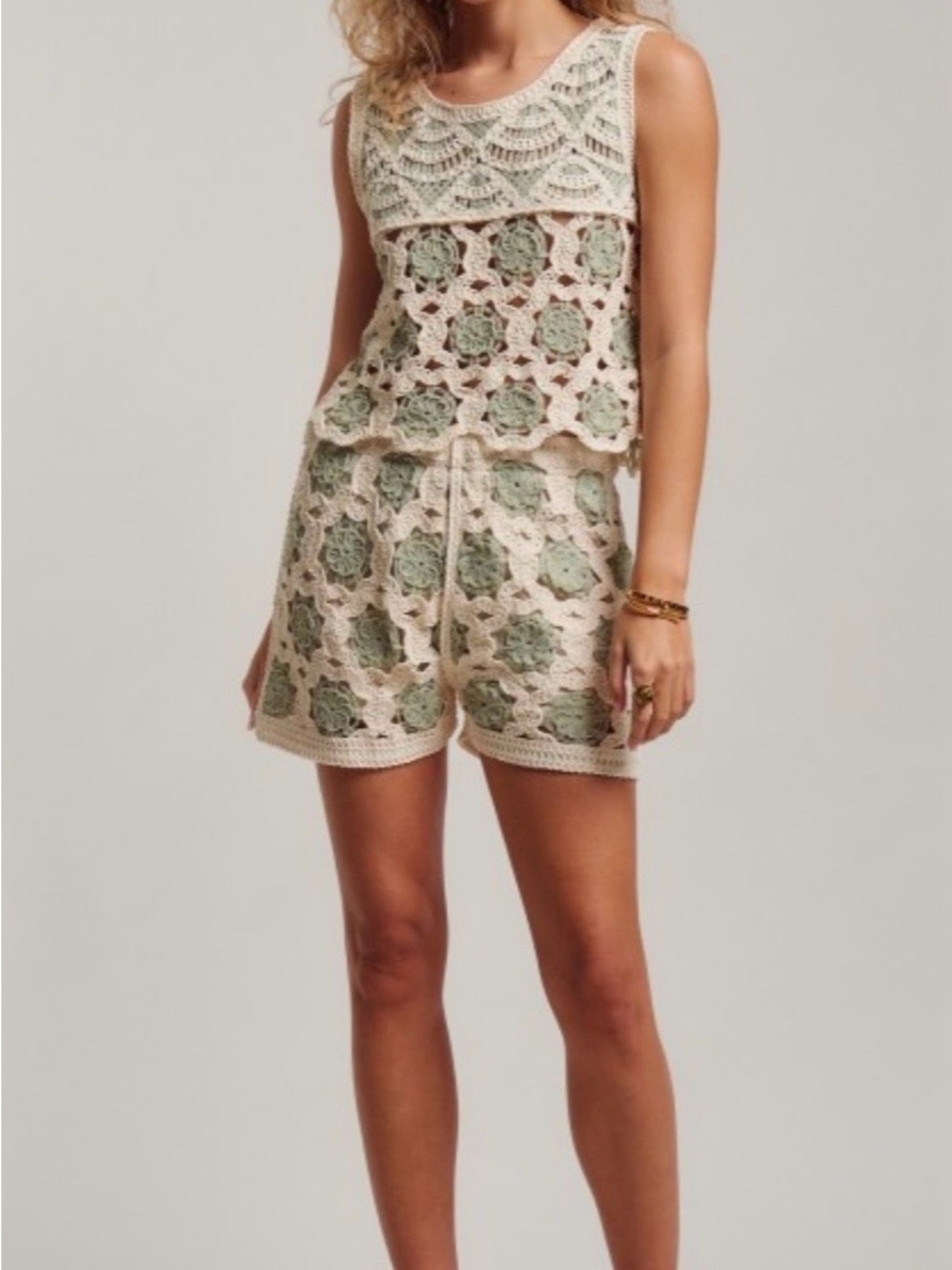 Crochet Floral Drawstring Shorts - Cream & Sage
